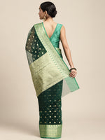 HOUSE OF BEGUM Womens Green Organza Silk Zari Weave Saree with Blouse Piece-2