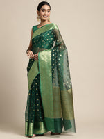 HOUSE OF BEGUM Womens Green Organza Silk Zari Weave Saree with Blouse Piece-4
