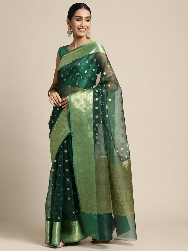 HOUSE OF BEGUM Womens Green Organza Silk Zari Weave Saree with Blouse Piece