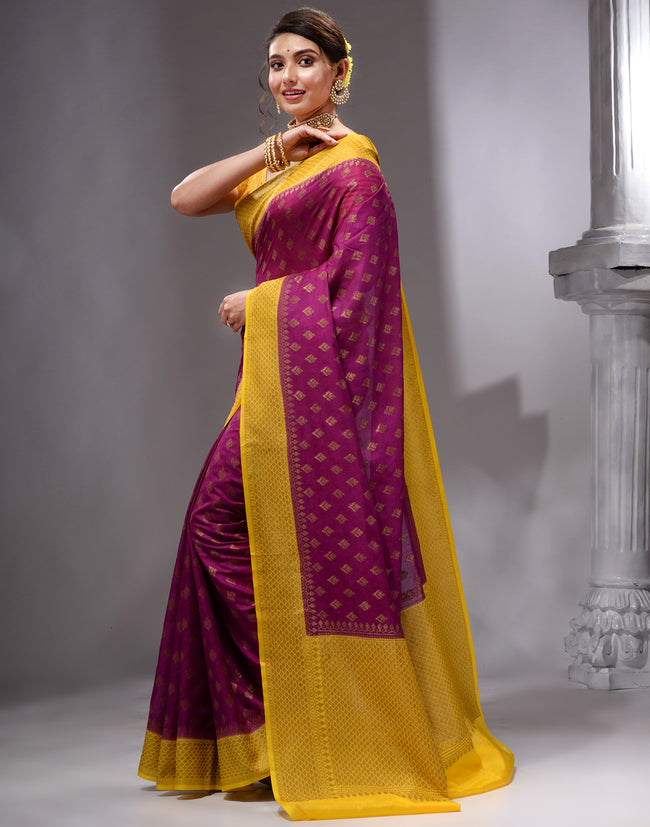 HOUSE OF BEGUM Women's Wine Banarasi Saree with Zari Work and Printed Unstitched Blouse