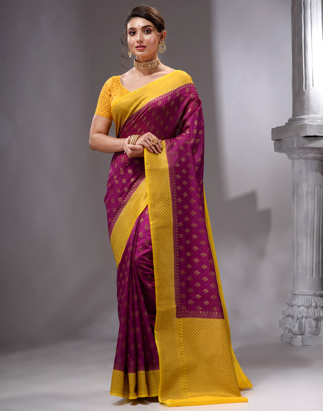 HOUSE OF BEGUM Women's Wine Banarasi Saree with Zari Work and Printed Unstitched Blouse