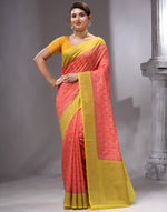 HOUSE OF BEGUM Women's Peach Banarasi Saree with Zari Work and Printed Unstitched Blouse