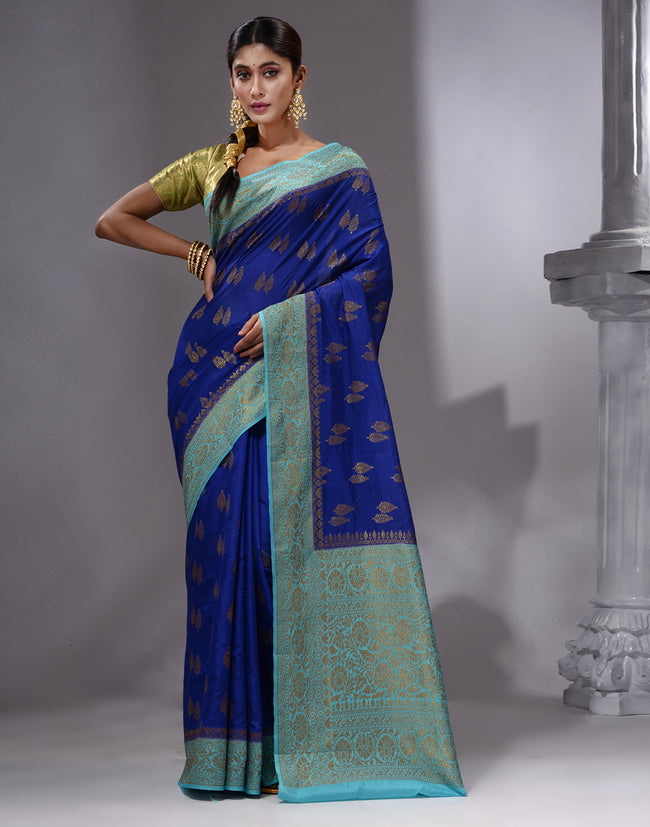 HOUSE OF BEGUM Women's Royal Blue Banarasi Saree with Zari Work and Printed Unstitched Blouse