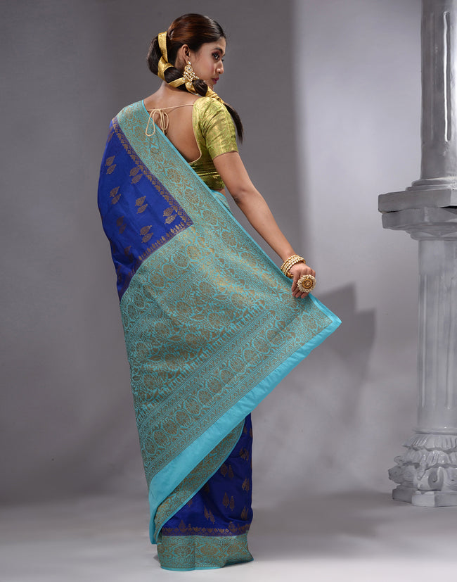 HOUSE OF BEGUM Women's Royal Blue Banarasi Saree with Zari Work and Printed Unstitched Blouse