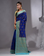 HOUSE OF BEGUM Women's Royal Blue Banarasi Saree with Zari Work and Printed Unstitched Blouse-3