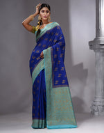 HOUSE OF BEGUM Women's Royal Blue Banarasi Saree with Zari Work and Printed Unstitched Blouse-4