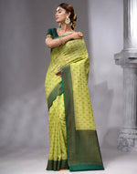 HOUSE OF BEGUM Women's Pista Banarasi Saree with Zari Work and Printed Unstitched Blouse-4