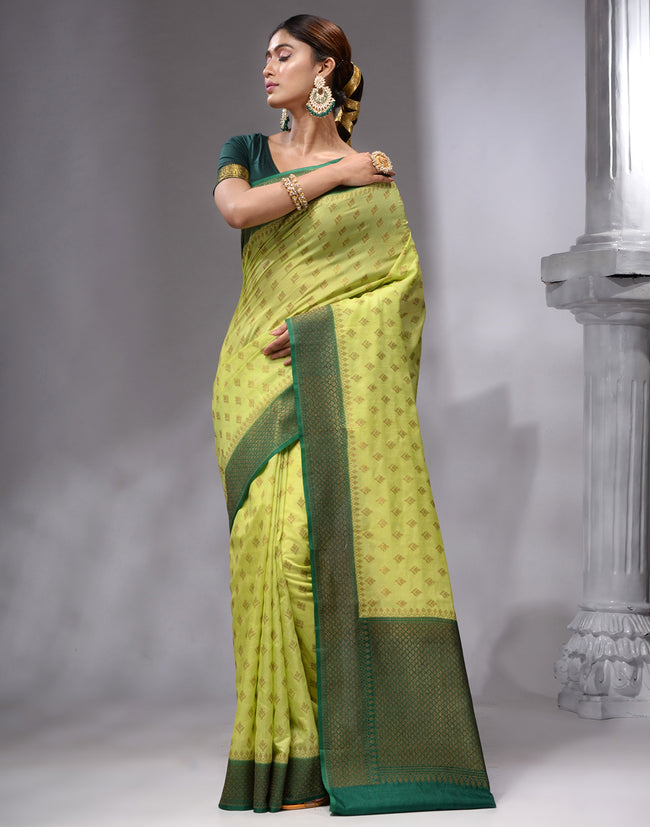 HOUSE OF BEGUM Women's Pista Banarasi Saree with Zari Work and Printed Unstitched Blouse