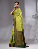 HOUSE OF BEGUM Women's Light Green Banarasi Saree with Zari Work and Printed Unstitched Blouse-3