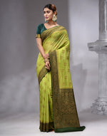 HOUSE OF BEGUM Women's Light Green Banarasi Saree with Zari Work and Printed Unstitched Blouse-4