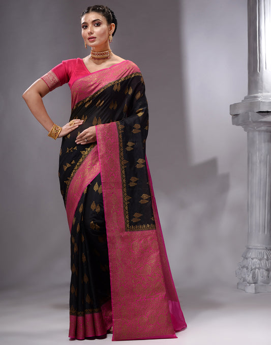HOUSE OF BEGUM Women's Black Banarasi Saree with Zari Work and Printed Unstitched Blouse