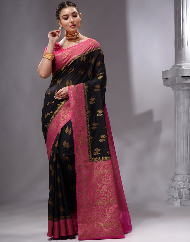 HOUSE OF BEGUM Women's Black Banarasi Saree with Zari Work and Printed Unstitched Blouse