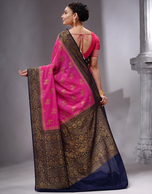 HOUSE OF BEGUM Women's Pink Banarasi Saree with Zari Work and Printed Unstitched Blouse