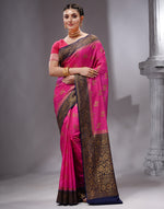 HOUSE OF BEGUM Women's Pink Banarasi Saree with Zari Work and Printed Unstitched Blouse-4