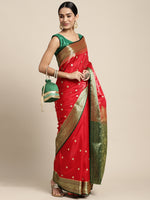 HOUSE OF BEGUM Womens Red Banarasi Katan Silk Buti Work Saree With Blouse Piece-3