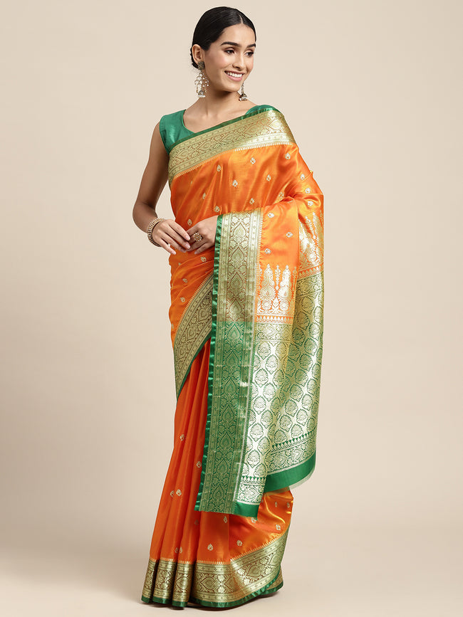 HOUSE OF BEGUM Womens Orange Banarasi Katan Silk Saree With Buti Work With Blouse Piece