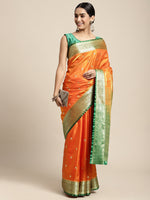 HOUSE OF BEGUM Womens Orange Banarasi Katan Silk Saree With Buti Work With Blouse Piece-4