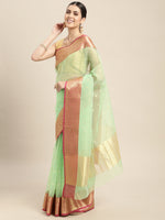HOUSE OF BEGUM Womens Light Green Chunri Buti Banarasi Saree With Blouse Piece-4