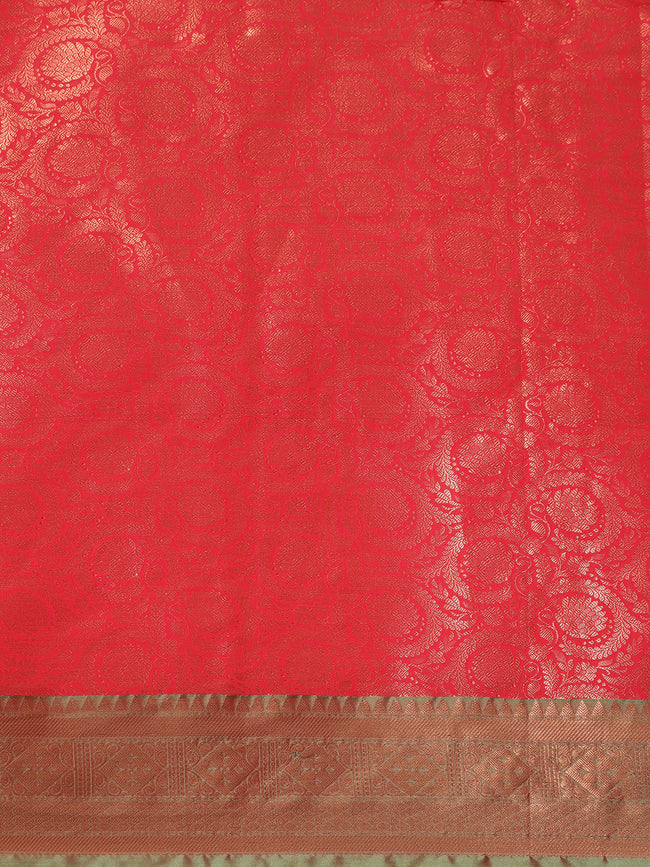 HOUSE OF BEGUM Womens Red Copper Zari Kanjivaram Silk Saree With Blouse Piece