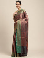 HOUSE OF BEGUM Womens Brown Copper Zari Kanjivaram Silk Saree With Blouse Piece-3