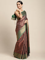 HOUSE OF BEGUM Womens Brown Copper Zari Kanjivaram Silk Saree With Blouse Piece-4