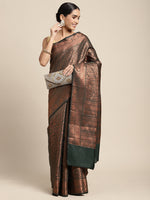 HOUSE OF BEGUM Womens Dark Green Copper Zari Kanjivaram Silk Saree With Blouse Piece-3