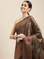HOUSE OF BEGUM Womens Dark Green Copper Zari Kanjivaram Silk Saree With Blouse Piece-5