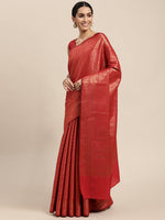 HOUSE OF BEGUM Womens Red Copper Zari Kanjivaram Silk Saree With Blouse Piece-5