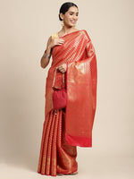 HOUSE OF BEGUM Womens Orange Copper Zari Kanjivaram Silk Saree With Blouse Piece-3
