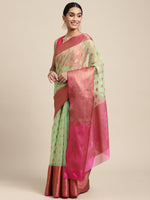 HOUSE OF BEGUM Womens Light Green Organza Silk Temple Design Saree with Blouse Piece-4