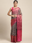 HOUSE OF BEGUM Womens Grey Organza Silk Temple Design Saree with Blouse Piece