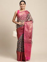 HOUSE OF BEGUM Womens Grey Organza Silk Temple Design Saree with Blouse Piece-3