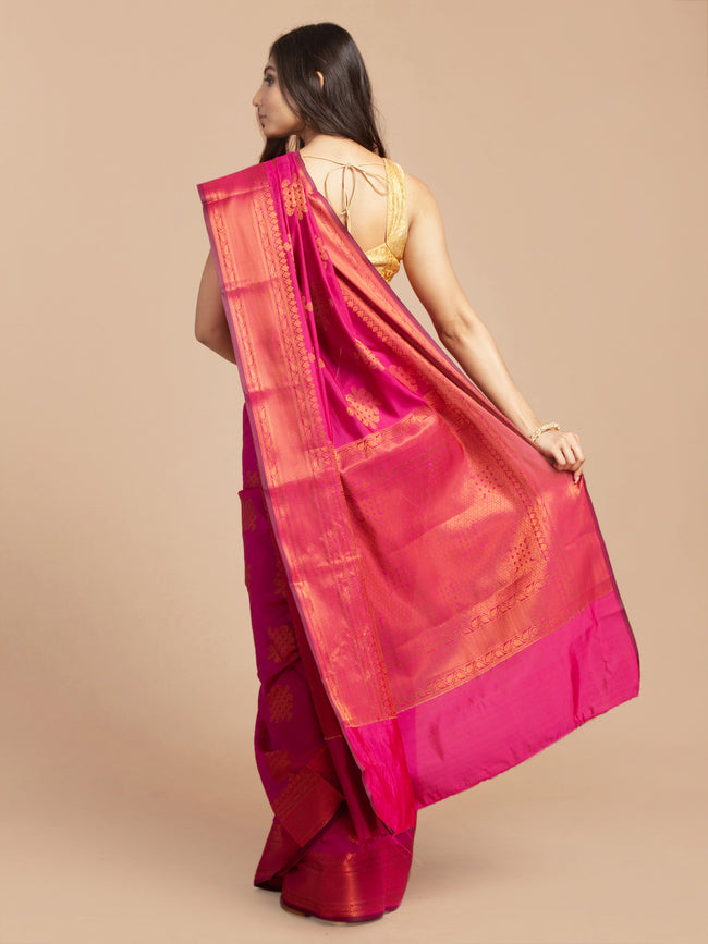 HOUSE OF BEGUM Womens Rani Pink Organza Silk all over Copper Buti Print Saree with Blouse Piece