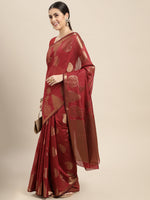 HOUSE OF BEGUM Womens Maroon Chanderi Silk Saree with Blouse Piece-3