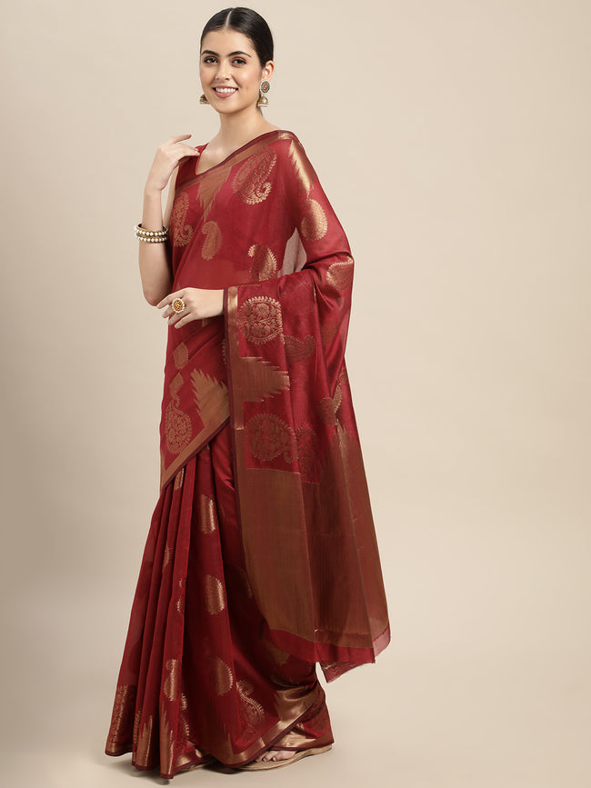 HOUSE OF BEGUM Womens Maroon Chanderi Silk Saree with Blouse Piece