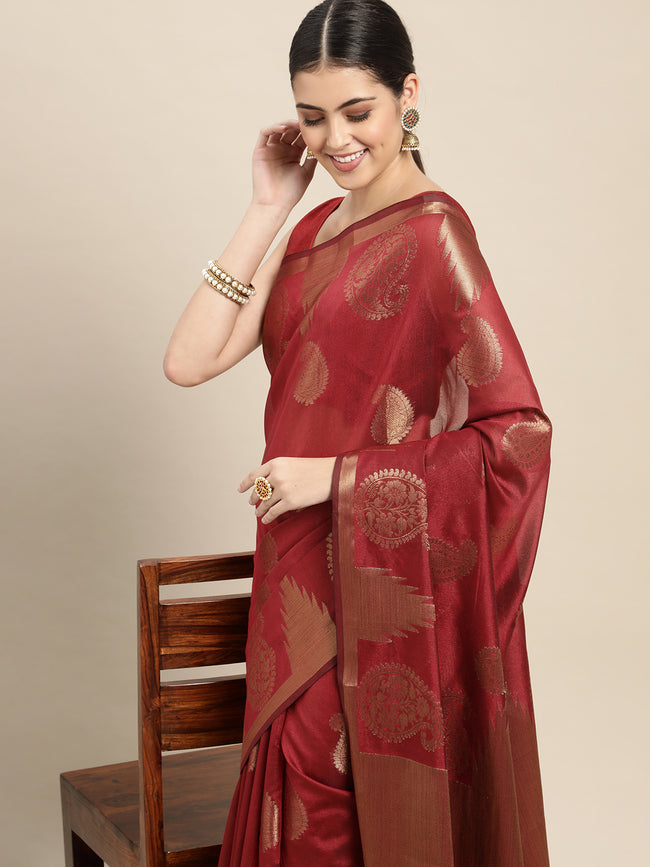 HOUSE OF BEGUM Womens Maroon Chanderi Silk Saree with Blouse Piece