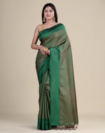 HOUSE OF BEGUM Antique Zari Bottle Green Woven All Over Jacquard Weave Pattern Saree With Rich Brocade Pallu And Blouse And Knitted Tassle At Pallu with Blouse Piece
