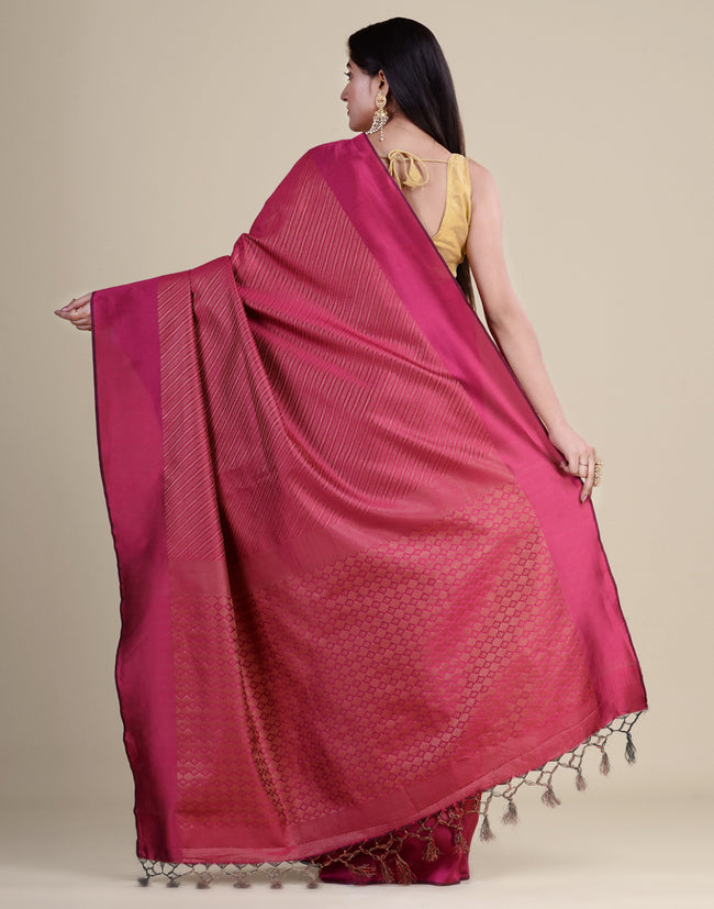 HOUSE OF BEGUM Antique Zari Rani Pink Woven All Over Jacquard Weave Pattern Saree With Rich Brocade Pallu And Blouse And Knitted Tassle At Pallu with Blouse Piece