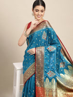 HOUSE OF BEGUM Womens Light Blue Banarasi Katan Silk Saree With Blouse Piece-5