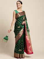HOUSE OF BEGUM Womens Dark Green Banarasi Katan Silk Saree With Blouse Piece-3