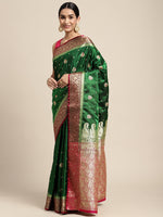 HOUSE OF BEGUM Womens Dark Green Banarasi Katan Silk Saree With Blouse Piece-4