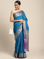 HOUSE OF BEGUM Womens Blue Banarasi Katan Silk Saree With Blouse Piece-3
