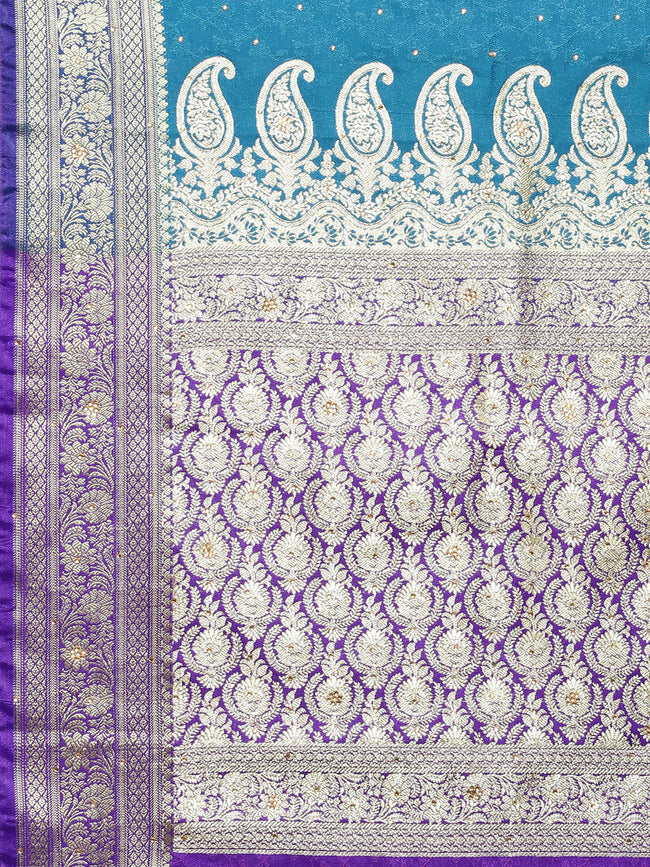 HOUSE OF BEGUM Womens Blue Banarasi Katan Silk Saree With Blouse Piece