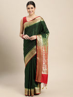 HOUSE OF BEGUM Womens Dark Green Banarasi Katan Silk Saree With Blouse Piece