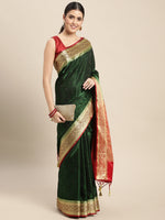 HOUSE OF BEGUM Womens Dark Green Banarasi Katan Silk Saree With Blouse Piece-3
