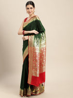 HOUSE OF BEGUM Womens Dark Green Banarasi Katan Silk Saree With Blouse Piece-4