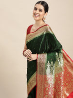 HOUSE OF BEGUM Womens Dark Green Banarasi Katan Silk Saree With Blouse Piece-5