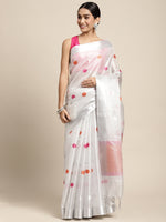 HOUSE OF BEGUM Womens White Lightweight Rangoli Style Silk Blend Saree With Blouse Piece-3