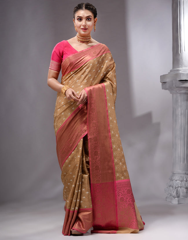 HOUSE OF BEGUM Women's Tussar Woven Banarasi Saree with Zari Work and Printed Unstitched Blouse