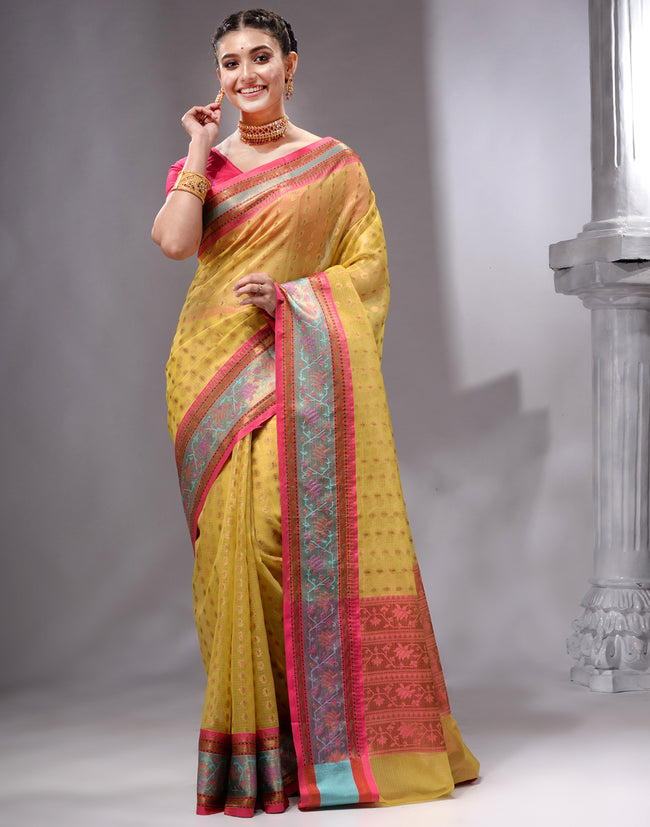 HOUSE OF BEGUM Women's Light Yellow Banarasi Saree with Zari Work and Printed Unstitched Blouse